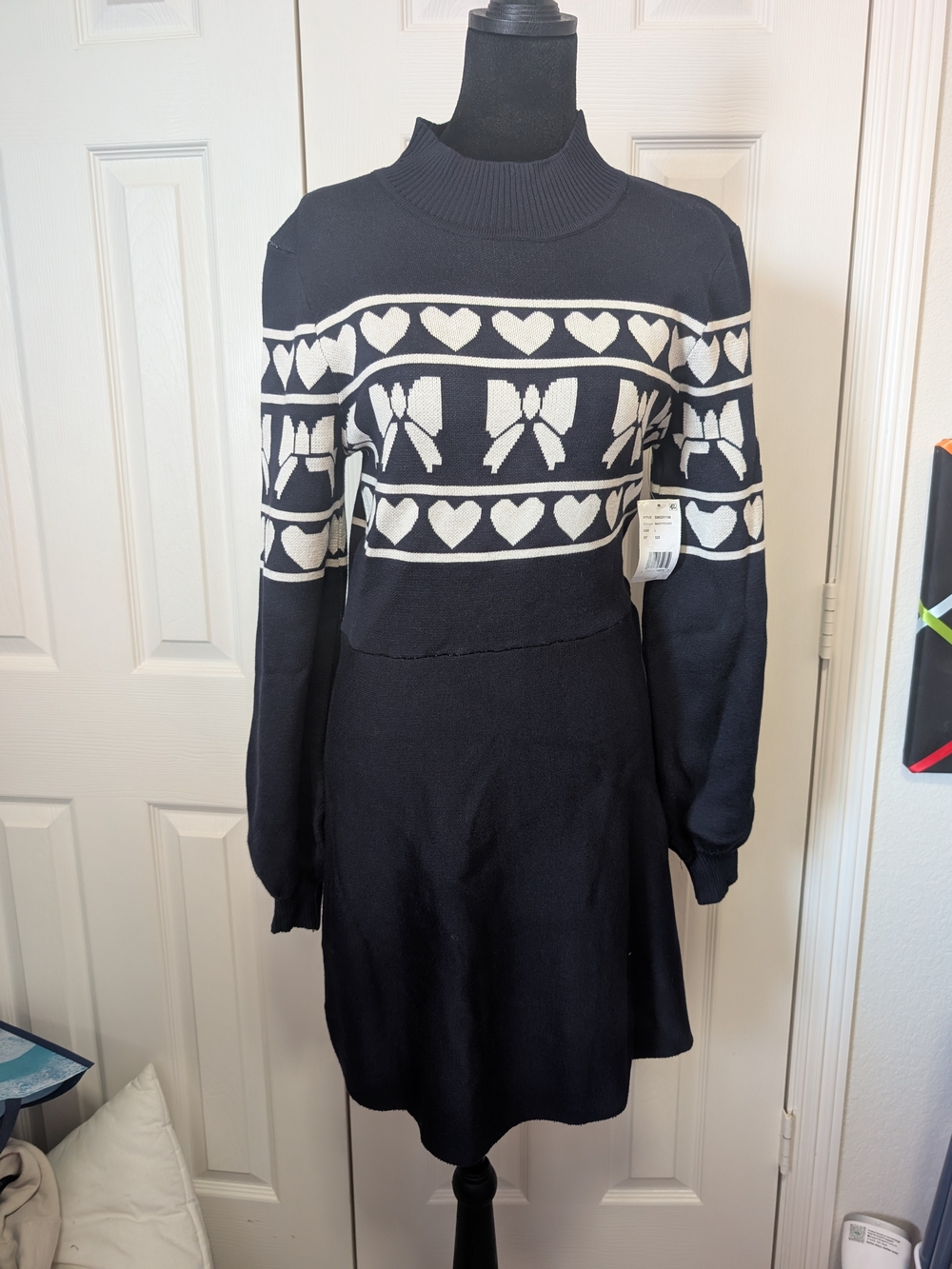 Navy Knit Long Sleeve Dress with White Heart & Bow Pattern